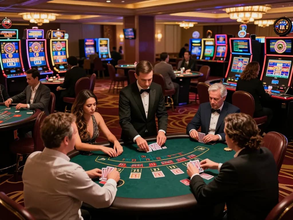 Players at 88aa engage in dynamic blackjack gameplay, showcasing strategy and excitement in a luxurious casino.