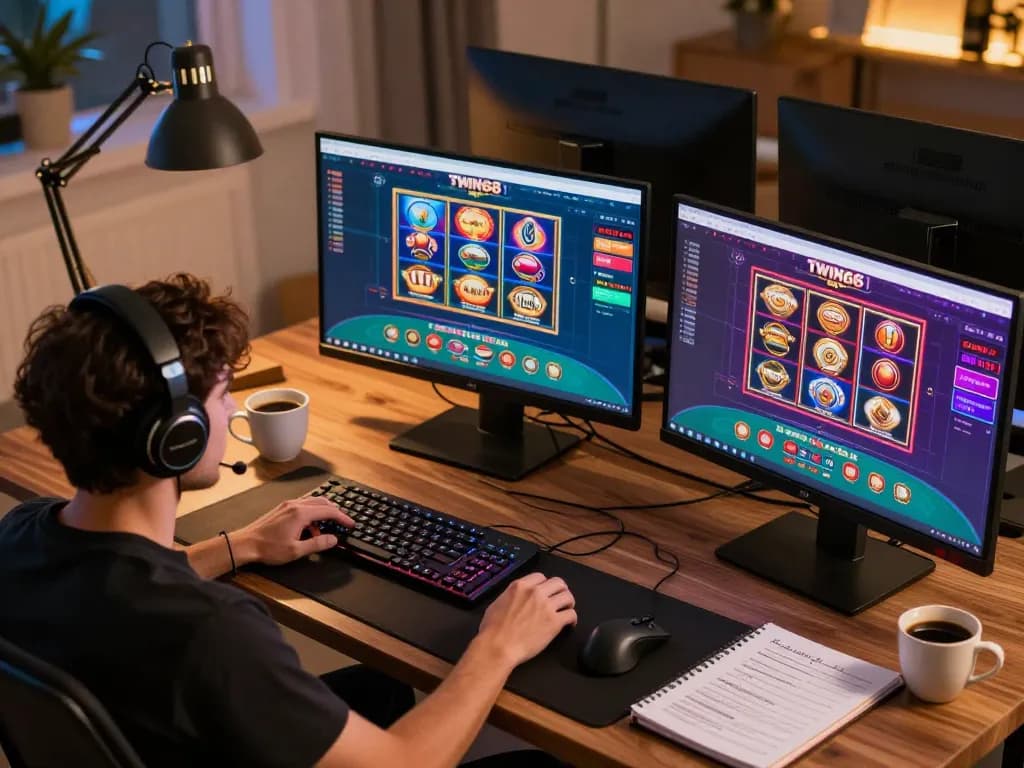 TWIN68 online gaming setup showcasing live dealer games and vibrant slots