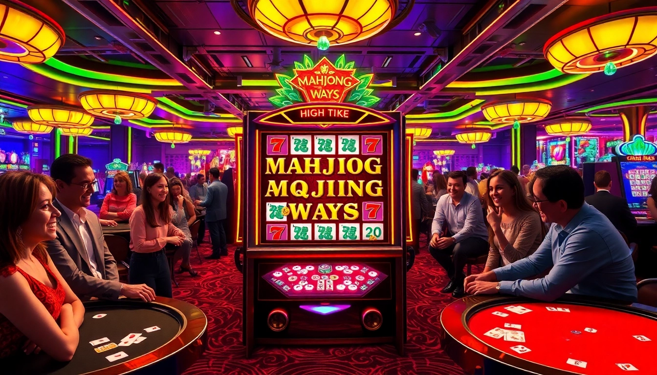 Play Mahjong Ways at an engaging casino environment with vibrant slot machines and thrilled players.