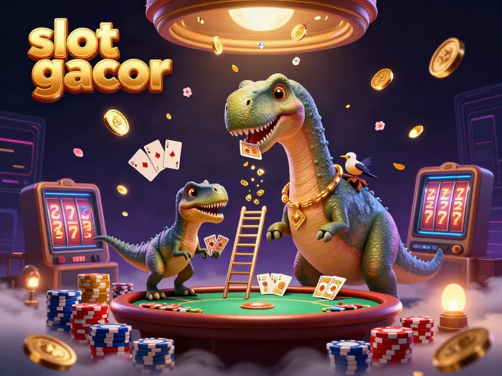 Engage with slot gacor in a lively casino scene featuring a tall brontosaurus and clever raptor.