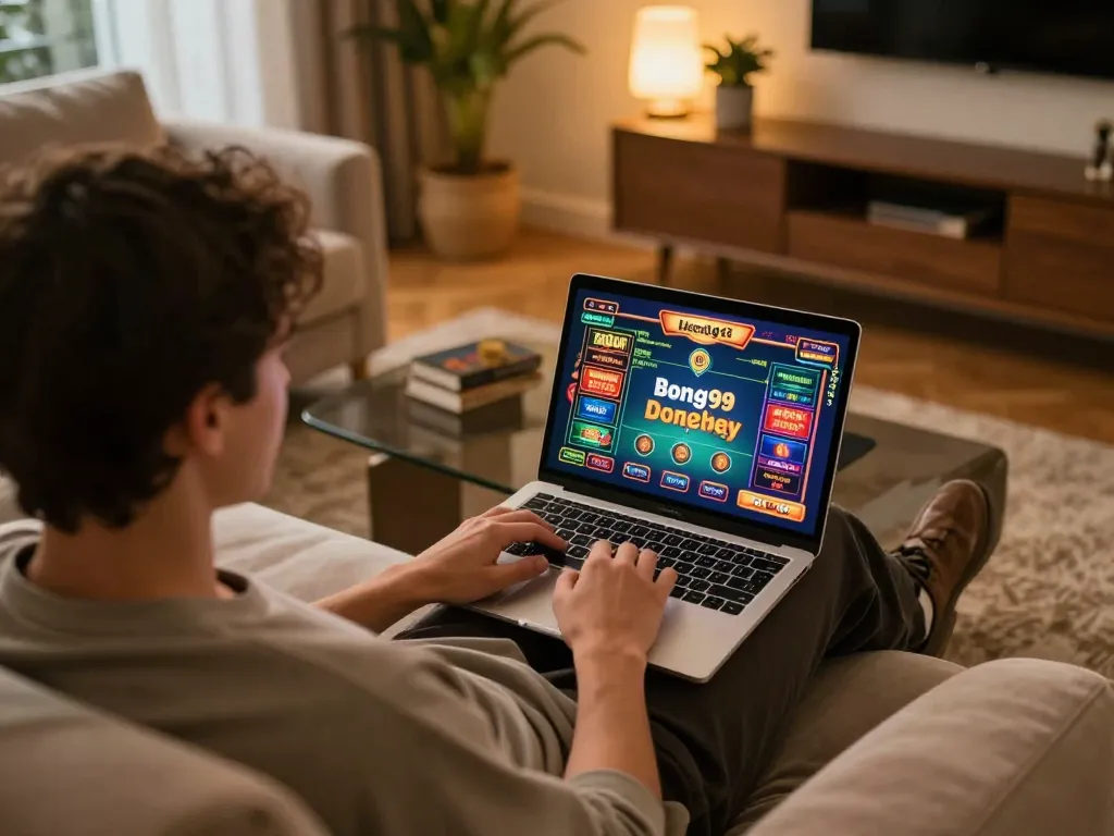 Engaging with bong99 through online gameplay in a cozy home setting, showcasing a strategic gambling experience.
