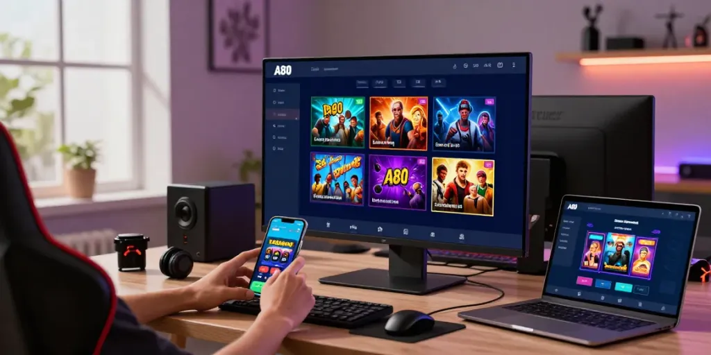 A80 online gaming platform showcasing interactive gaming options in a cozy home office.