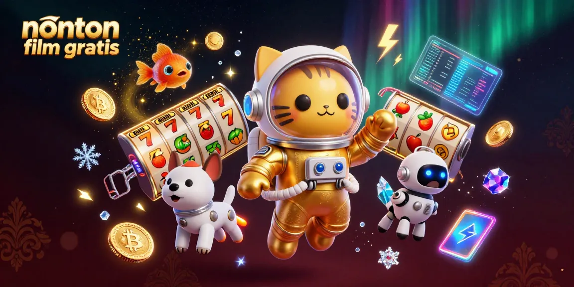 Nonton film gratis with a golden astronaut cat and robot dog amidst a vibrant casino scene.