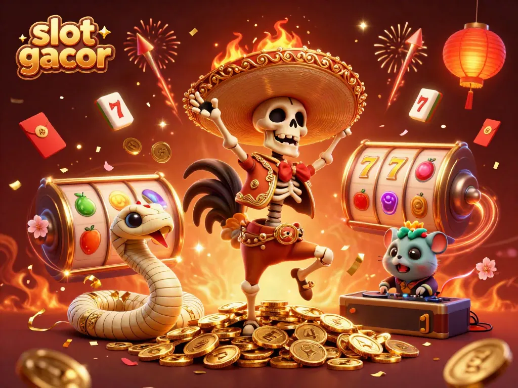 Experience the thrill of slot gacor with vibrant characters in a festive casino scene.