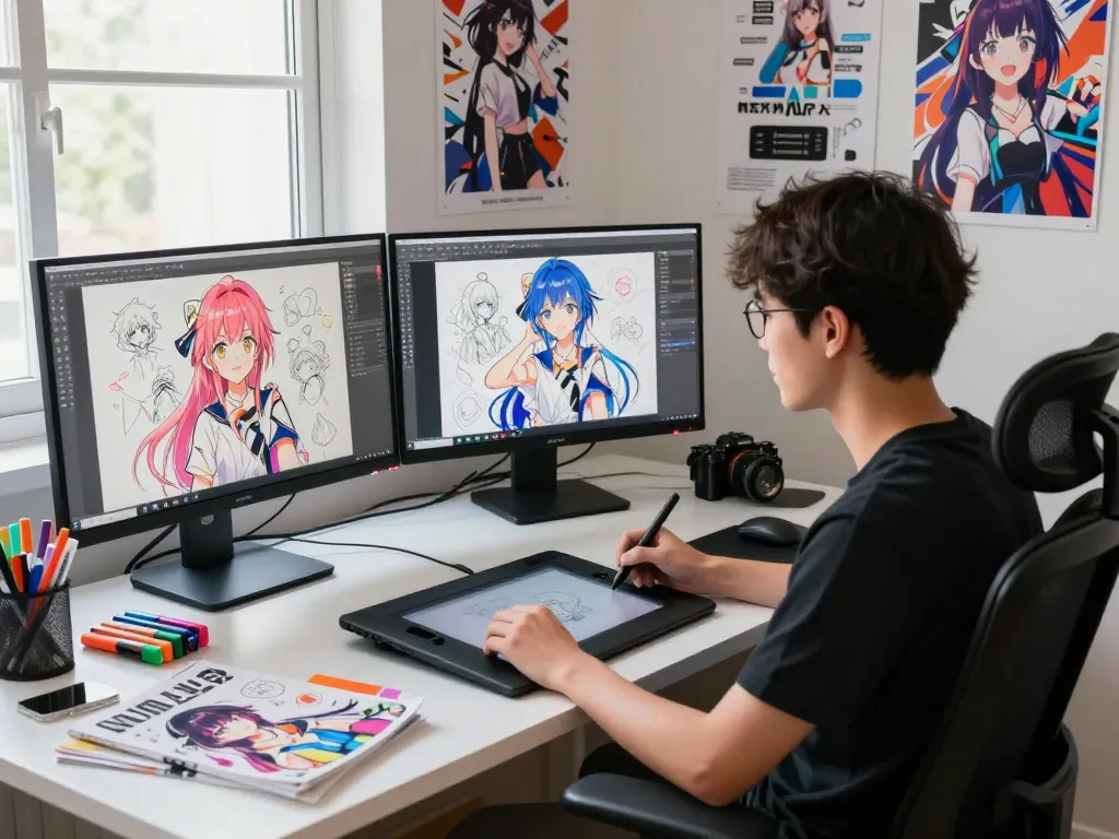 Artist using AI NSFW image generator in a vibrant digital studio.