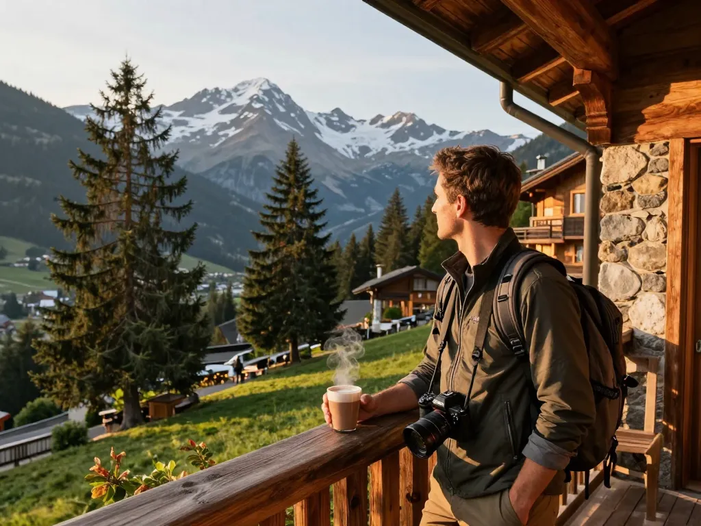 Traveler enjoying scenic views at https://www.hotel-restaurant-megeve.com/fr/ with a cozy lodge backdrop.