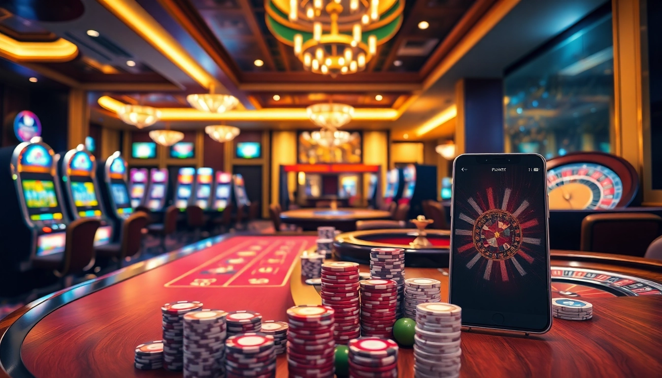 S8 casino scene with poker games, vibrant slot machines, and luxury betting accessories.