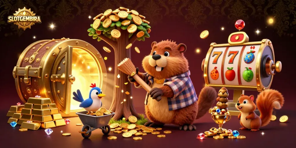 SLOTGEMBIRA showcases a vibrant 3D scene with a lumberjack beaver collecting golden coins amidst a treasure-filled environment.