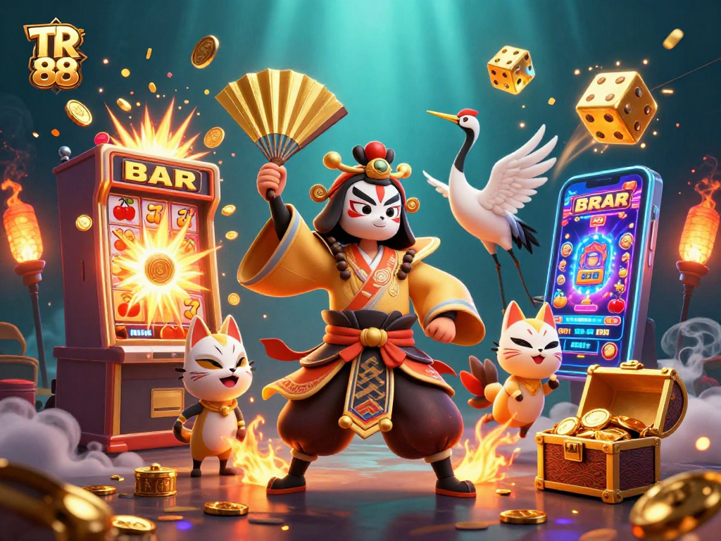 TR 88 presents a vibrant casino scene with a kabuki warrior and rich gaming elements celebrating jackpot wins.