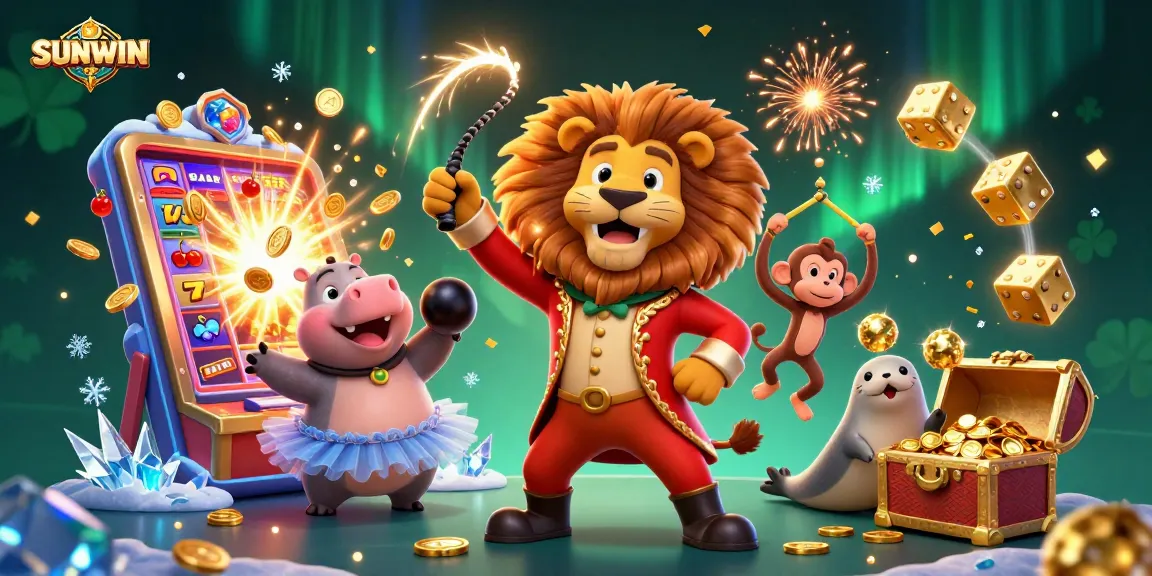 SUNWIN offers immersive gaming experiences with lively characters, slot machine jackpots, and action-packed casino elements in a vibrant scene.