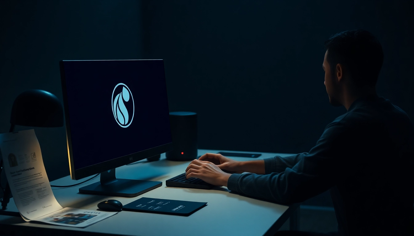 The hidden wiki user navigating the dark web on a computer, showcasing a mysterious workspace.