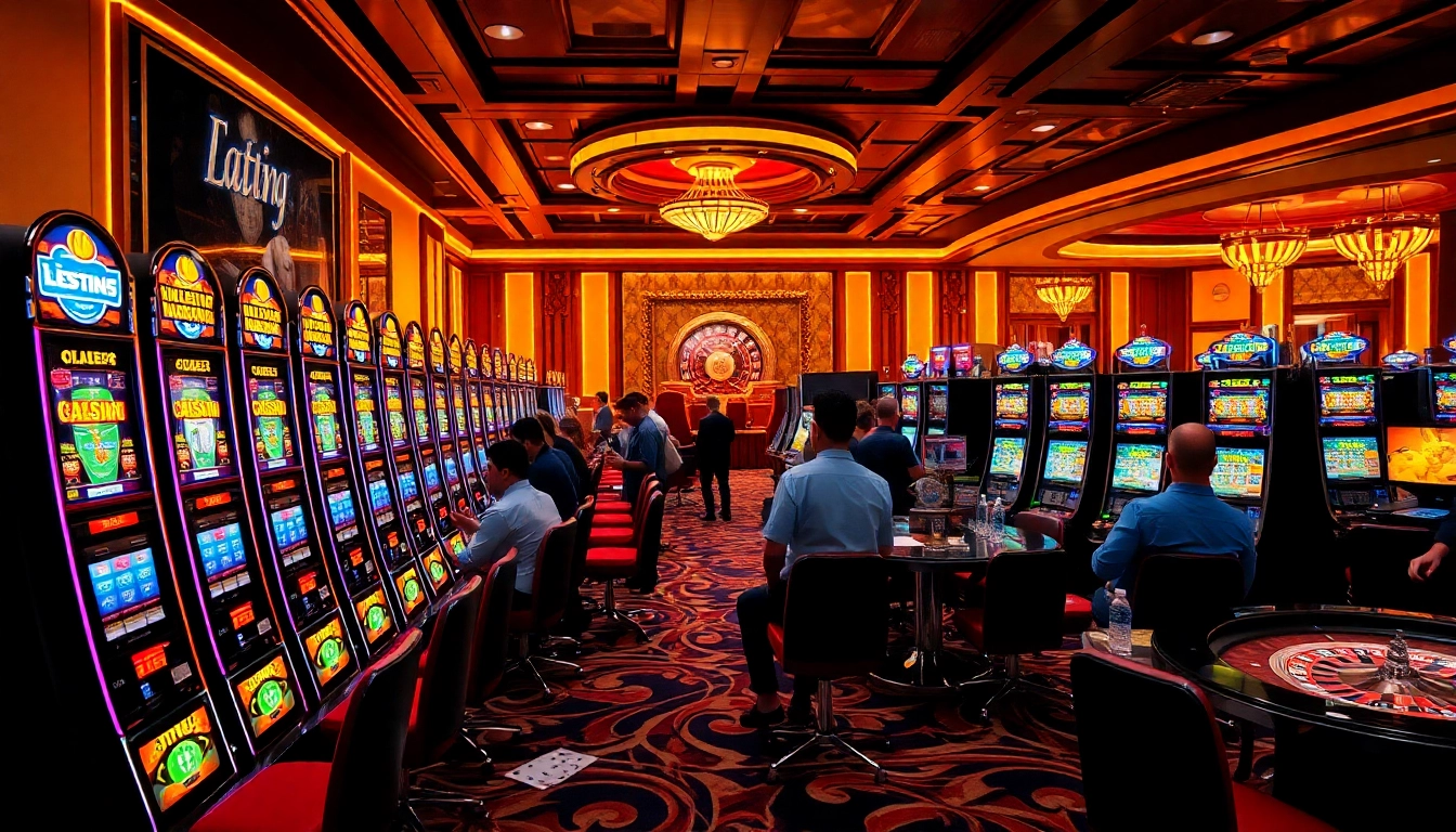 Situs11 showcases players engaging with vibrant slot machines in a luxurious casino setting.