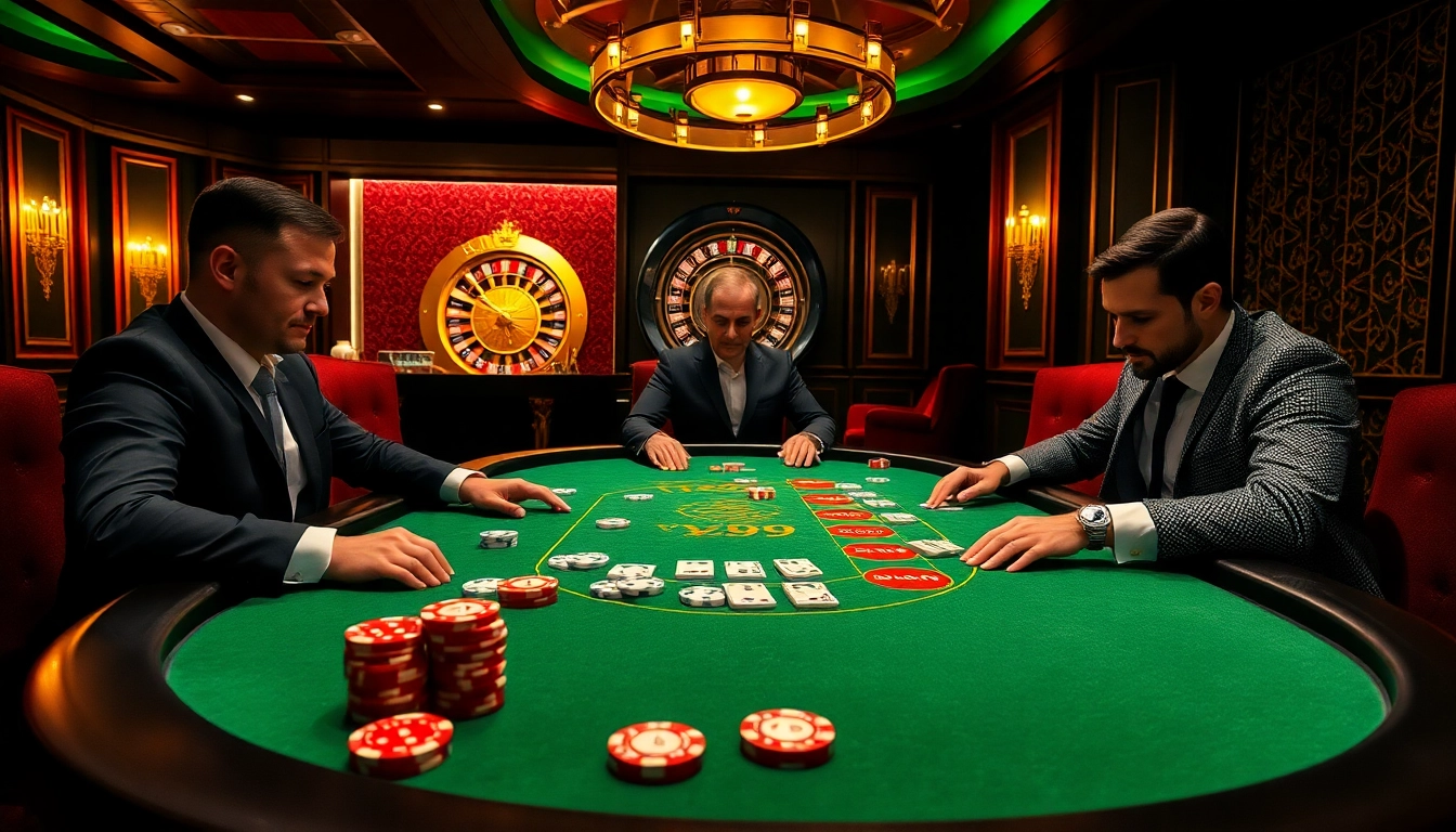 Experience excitement at the vz99 poker table with professional players and luxurious casino decor.