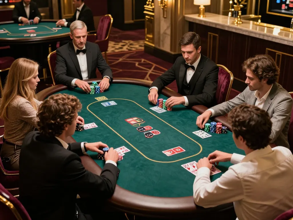 Engaging players at high-stakes poker table showcasing Link O8's exciting casino atmosphere.