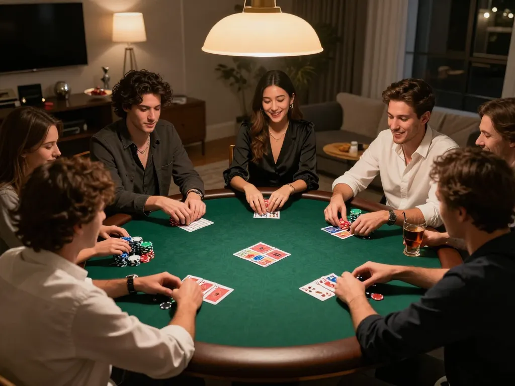 Friends enjoying a friendly poker game at home, emphasizing FC88 strategy and social engagement.