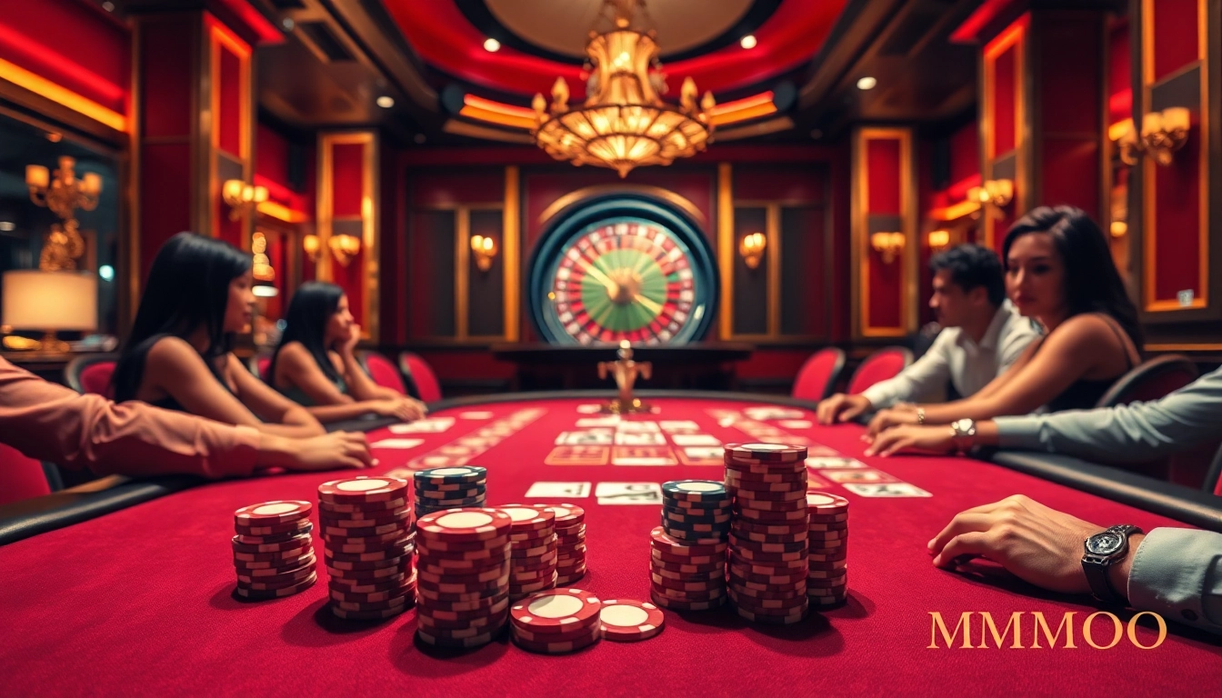 Players engage intensely at the MM OO poker table, surrounded by luxury casino elements.