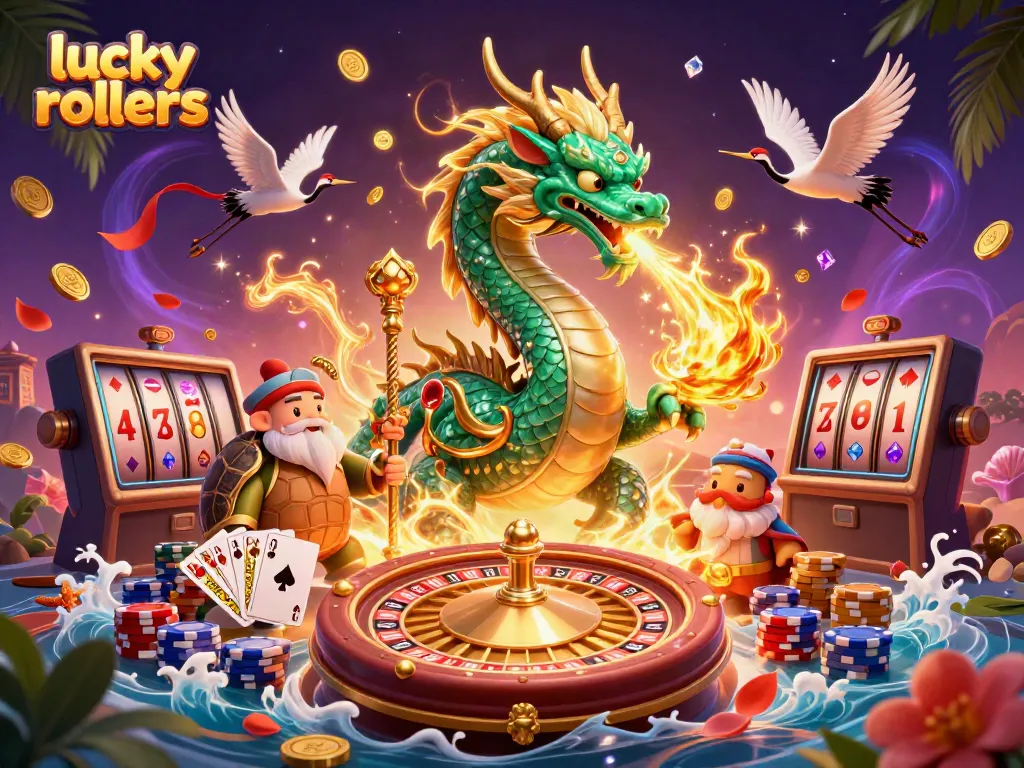 Experience the thrill of lucky rollers with an emerald jade dragon and vibrant casino elements.