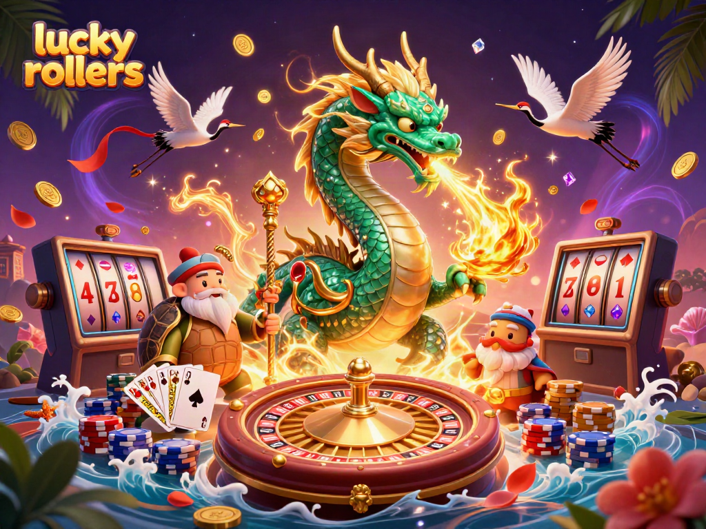 Experience the thrill of lucky rollers with an emerald jade dragon and vibrant casino elements.