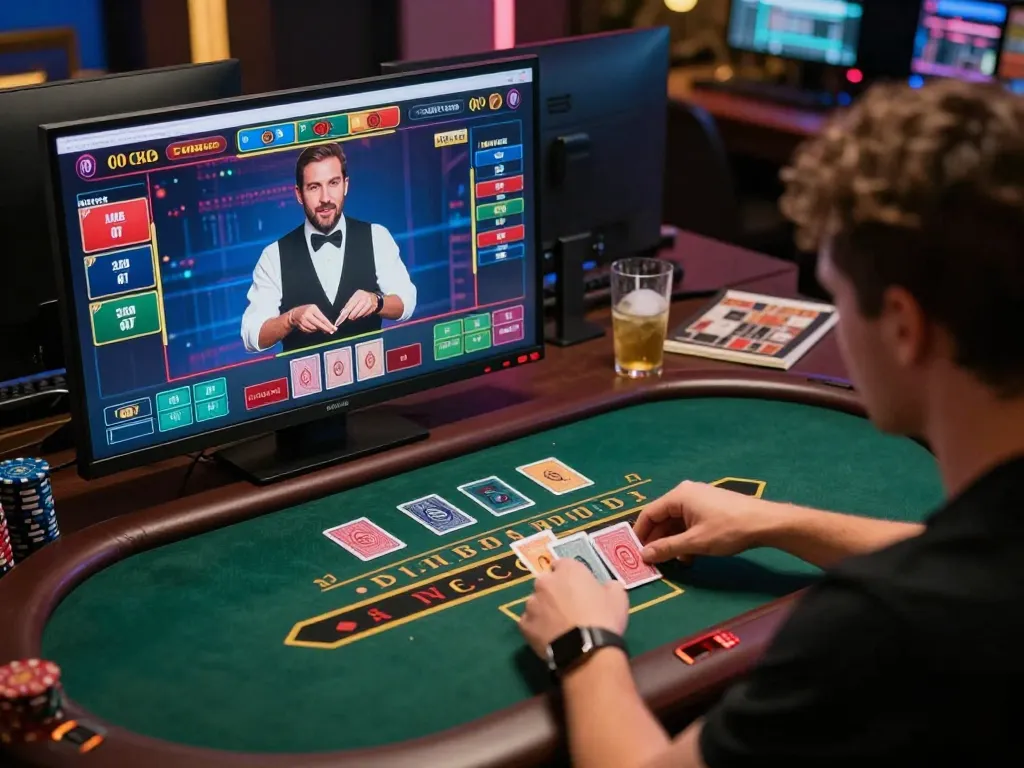 Engaging in a high-stakes blackjack game online with TT88, showcasing strategic gameplay and user focus