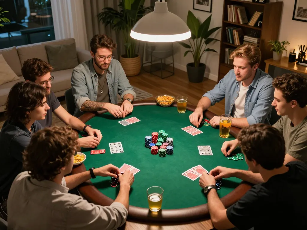 IWIN68 poker night with friends engaged in gameplay at home, showcasing vibrant social interaction.