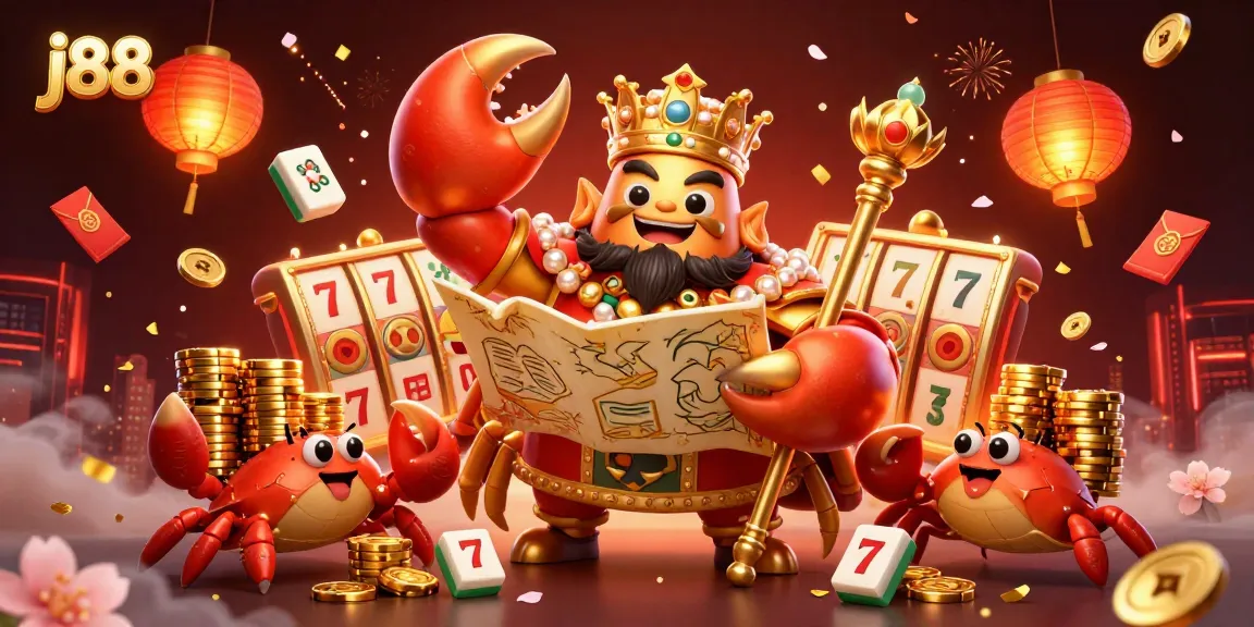 Engage in thrilling j88 casino actions with a dynamic illustration of a golden crab emperor amidst slot reels and festive elements.