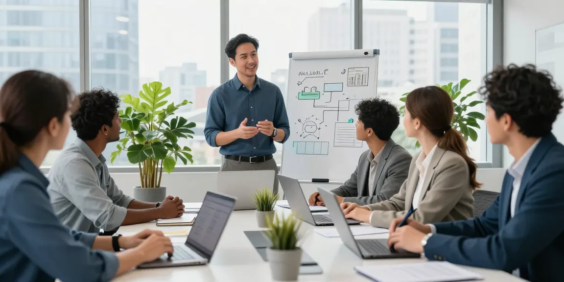 Collaborative team discussing how to buy a small business in a modern office