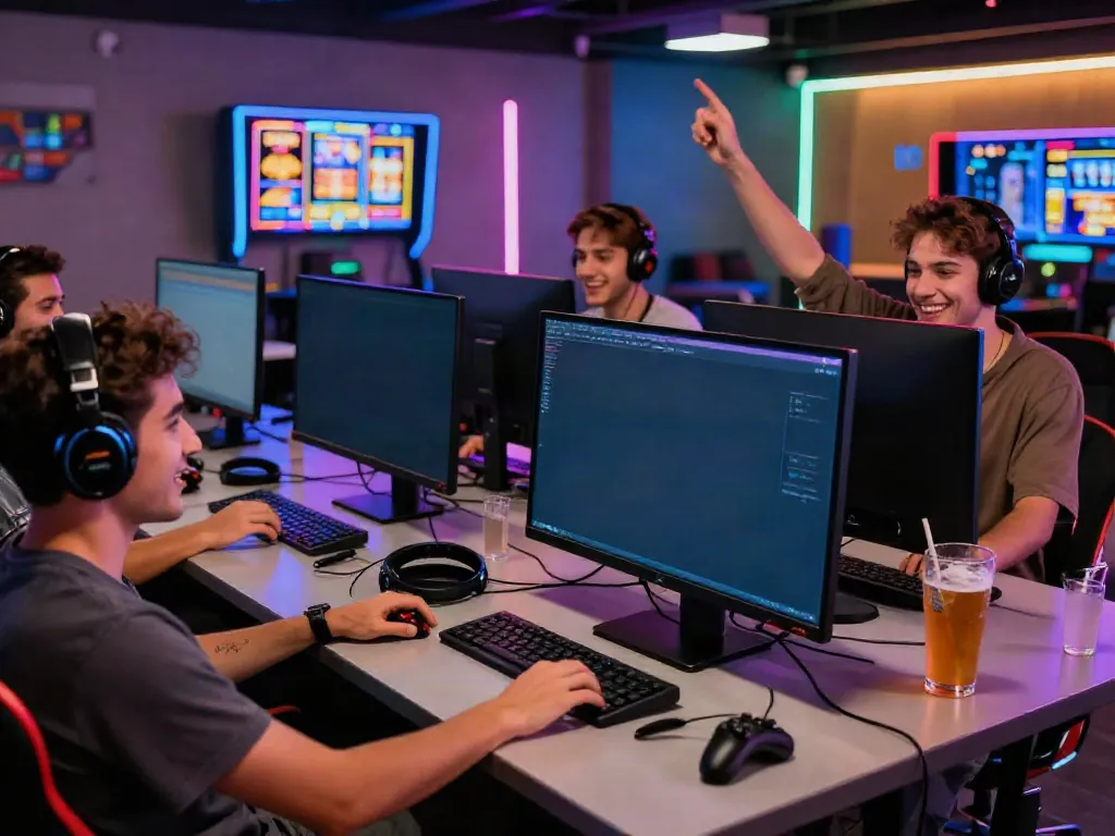 A vibrant gaming scene showcasing friends enjoying akunjp online games, with colorful screens and an energetic atmosphere.