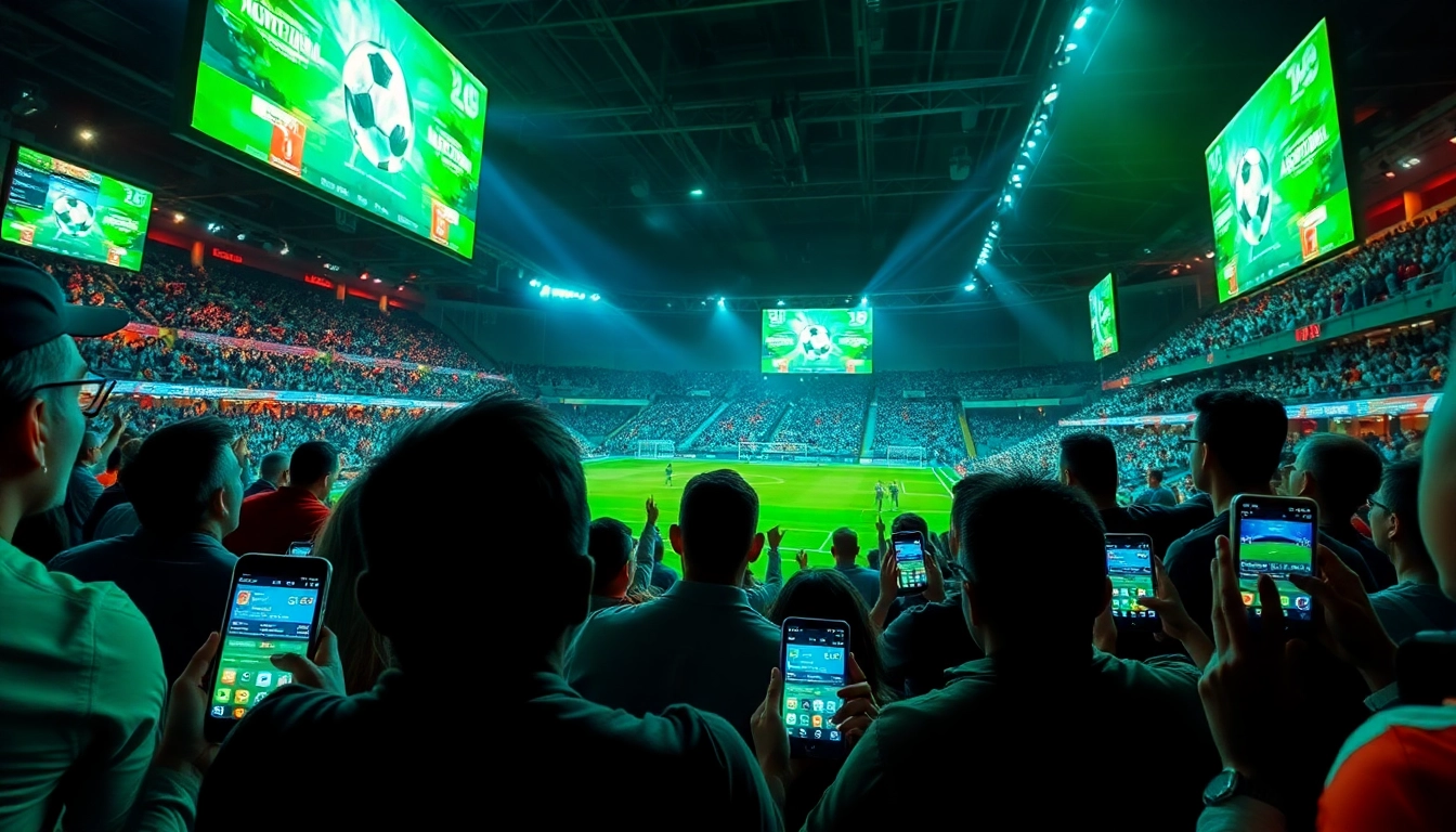 Kèo nhà cái updates in a vibrant sports betting scene with excited fans watching a football match.