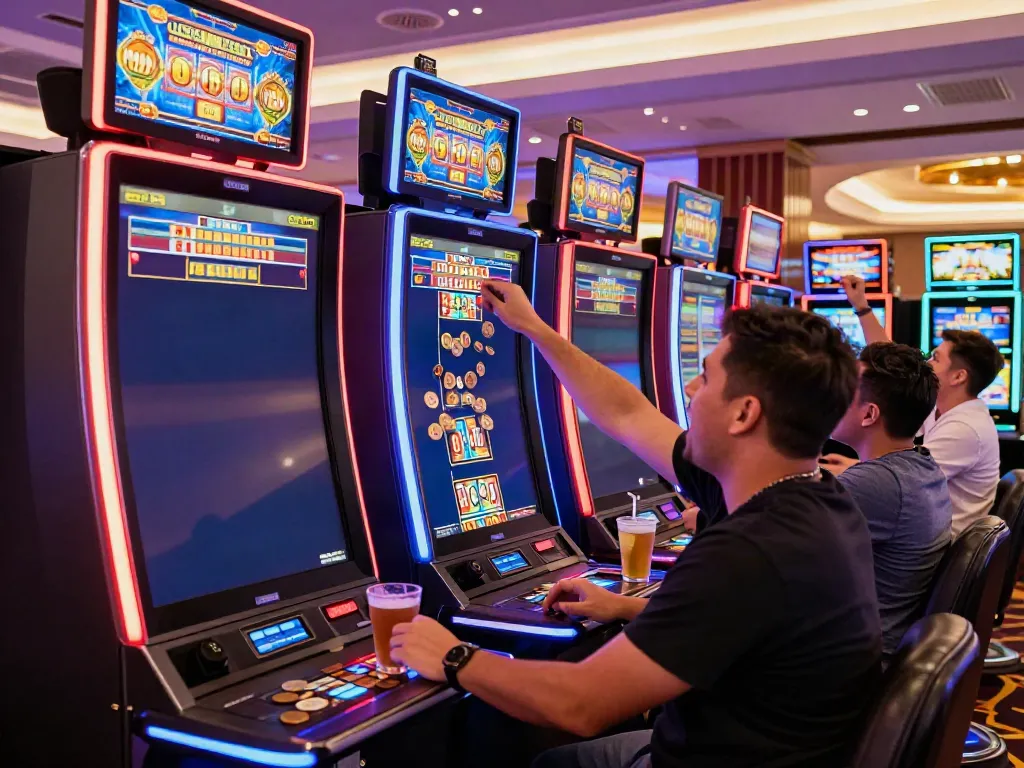 Exciting gambling environment with players at slot machines and joyful atmosphere, akunjp experience.