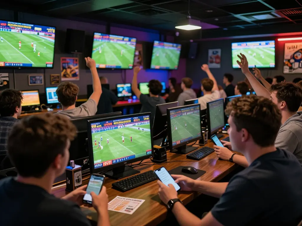 Excited users placing bets on keo nha cai 5 during thrilling live football matches in vibrant sports betting venue.