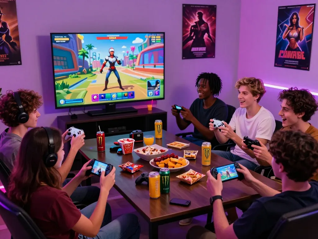 Friends enjoying interactive porn games in a vibrant gaming room, showcasing excitement and colorful graphics.