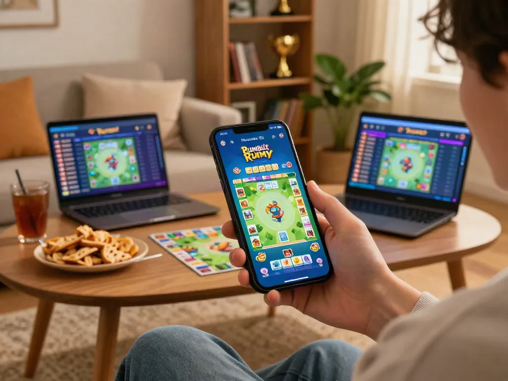 Player enjoying Rumble Rummy app in a cozy living room setting with snacks and gaming trophies around.