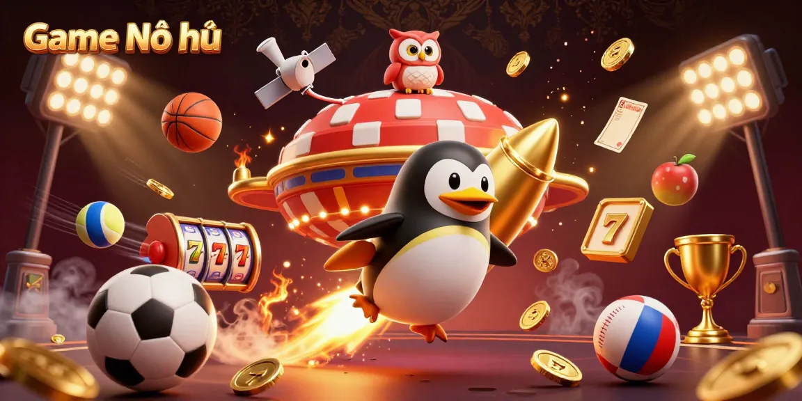Engage in exciting Game Nổ hũ with the golden penguin amidst dynamic slot reels and vibrant gambling elements.