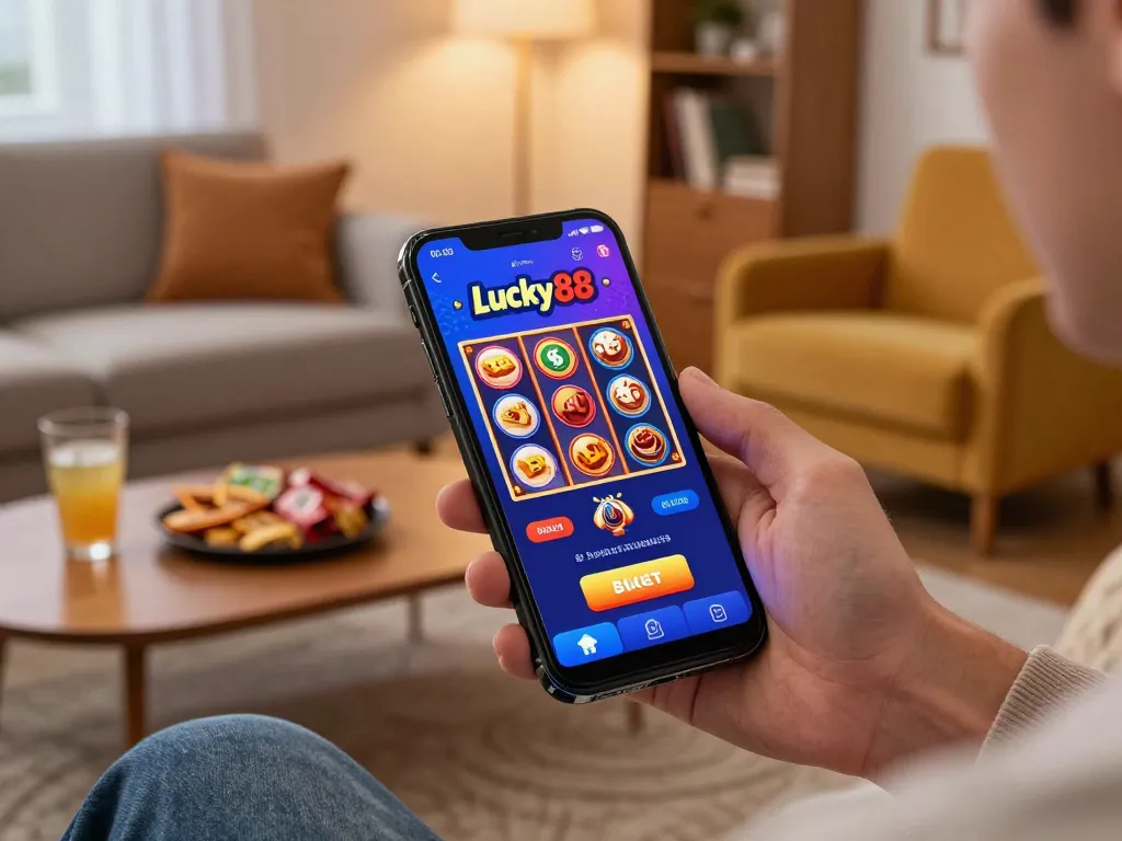 Engaging in thrilling gameplay on the Lucky88 app while enjoying a cozy home atmosphere