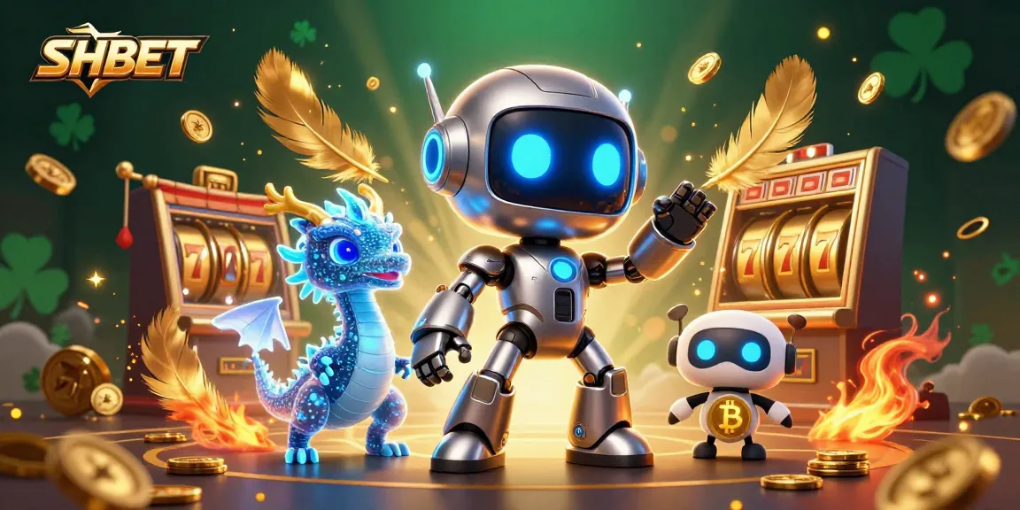 SHBET's engaging 3D scene showcases a cyberpunk mascot, AI dragon, and bitcoin drone surrounded by casino elements.