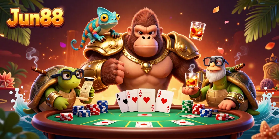 Experience thrilling poker action with Jun88 featuring a gorilla in gold armor and casino vibes.