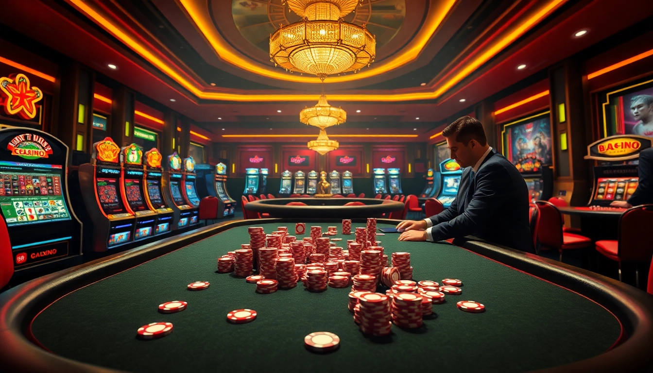 High-stakes poker game at 8xx com casino with dealers and vibrant slot machines.