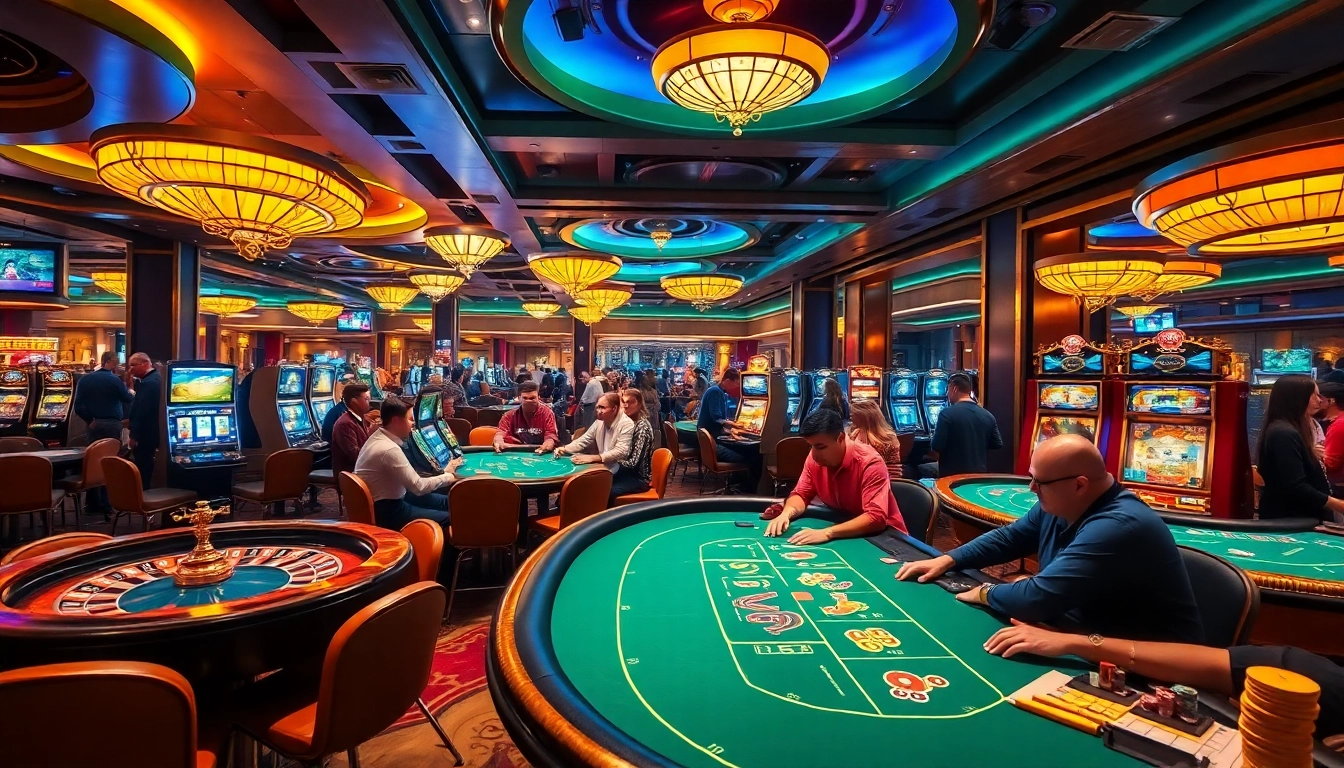 Players enjoying thrilling casino games at co88, showcasing poker chips and vibrant slot machines.