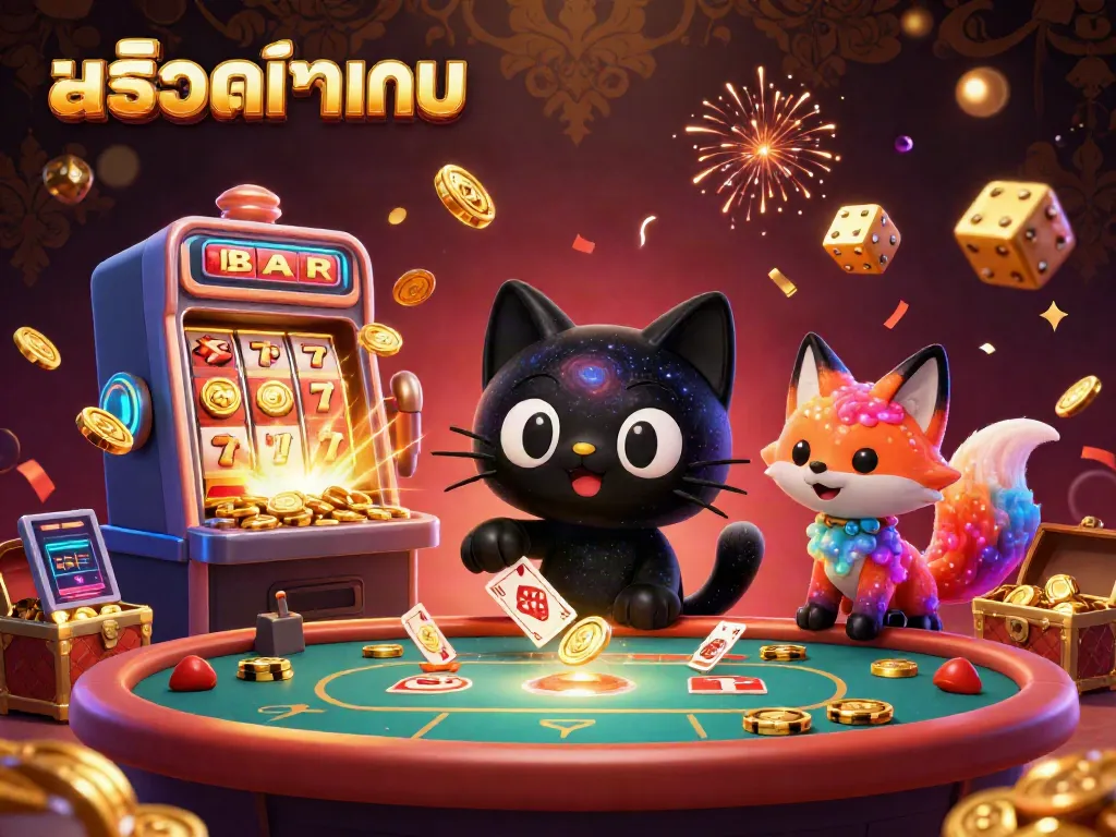 Experience สล็อตทดลอง with a captivating cosmic casino illustration showcasing dynamic characters and vibrant gaming elements.