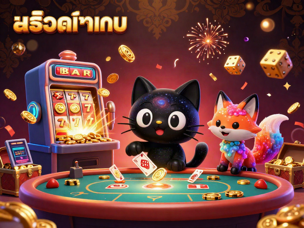 Experience สล็อตทดลอง with a captivating cosmic casino illustration showcasing dynamic characters and vibrant gaming elements.