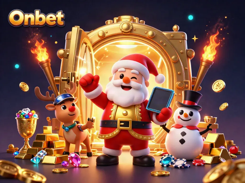 Experience the thrill at Onbet with Santa in a casino, celebrating jackpots surrounded by treasures.