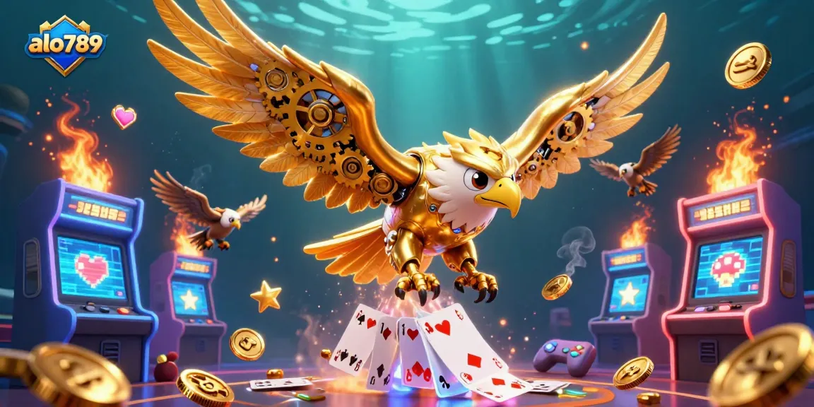 Experience thrilling gameplay with alo789 as a golden eagle dives through holographic cards in a vibrant casino scene.