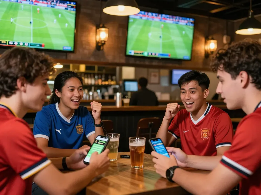 Friends cheering with excitement while checking tỷ lệ kèo nhà cái on smartphones during a football match