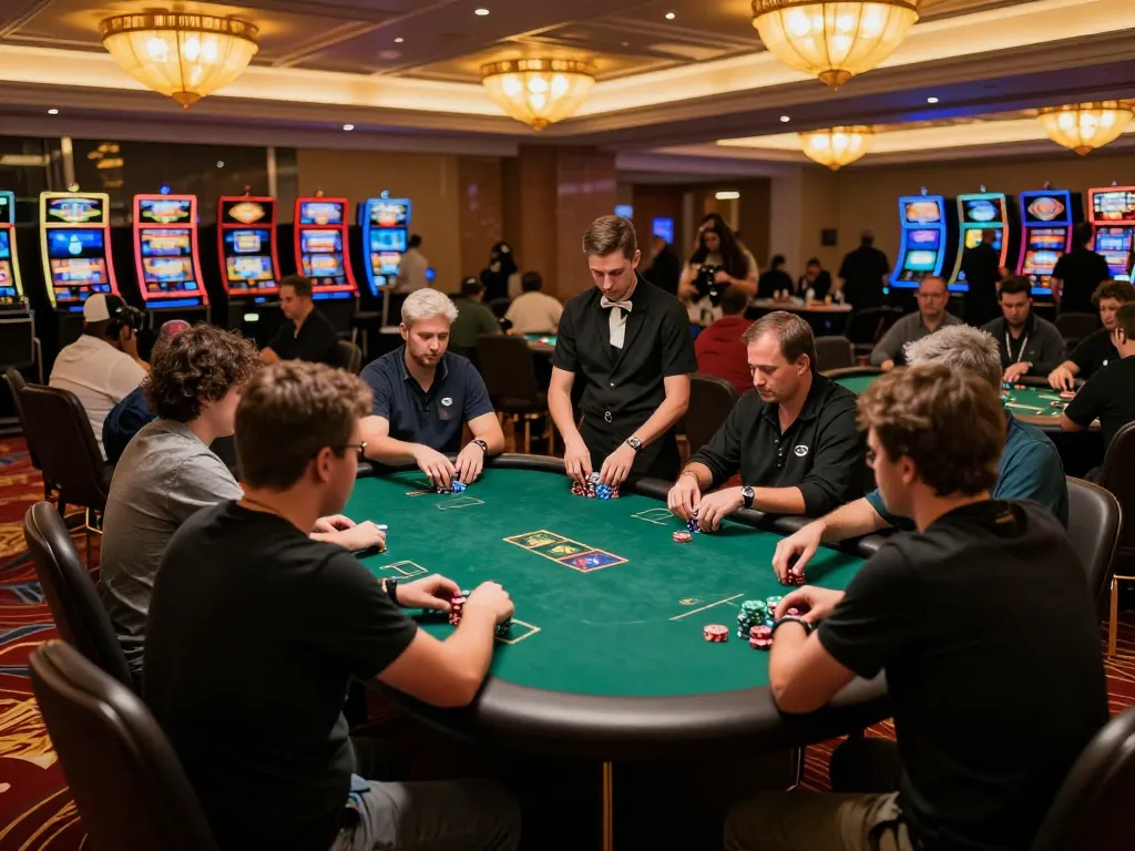 Pragmatic strategies unfold at an upscale casino poker game with focused players and vibrant gameplay.