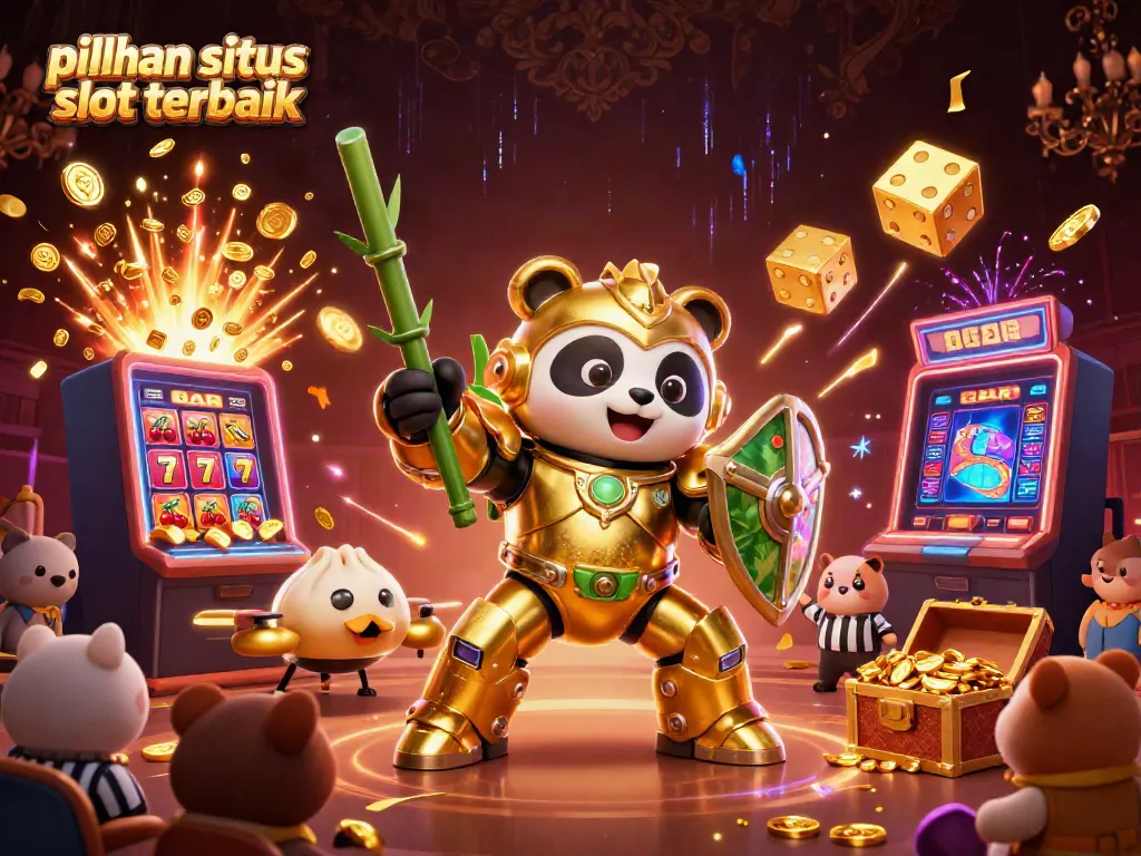 Visualisasi permainan slot terbaik dengan panda emas dan robot unik, pilihan situs slot terbaik.