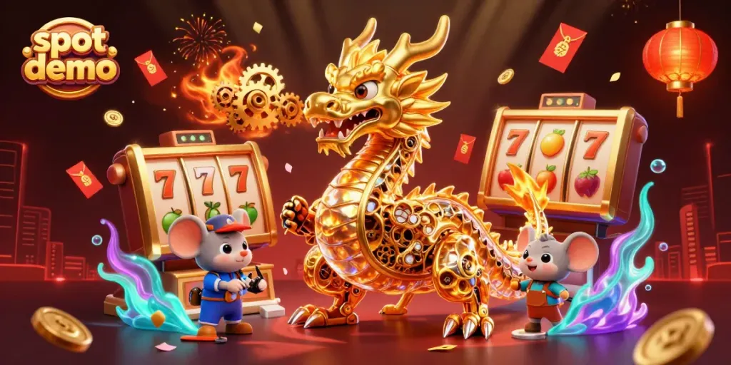 Permainan slot demo menarik dengan tema naga dan simbol keberuntungan menunggu untuk dimainkan.