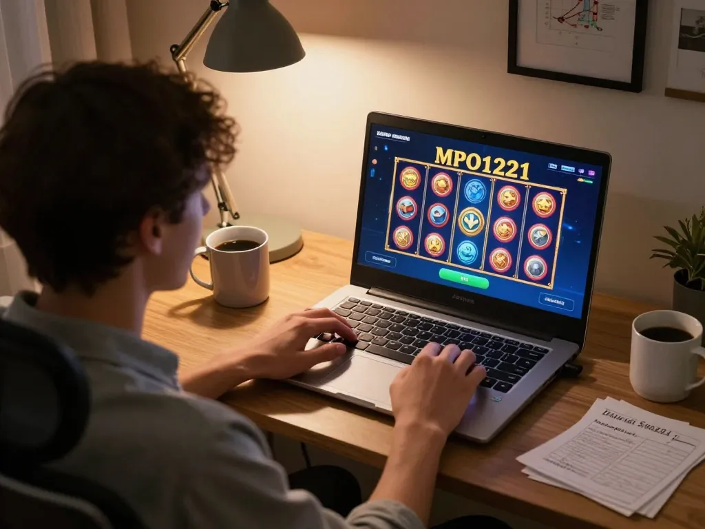 Pemain MPO1221 menikmati slot online dalam pengaturan rumah yang nyaman, menunjukkan semangat dan keterlibatan dalam permainan