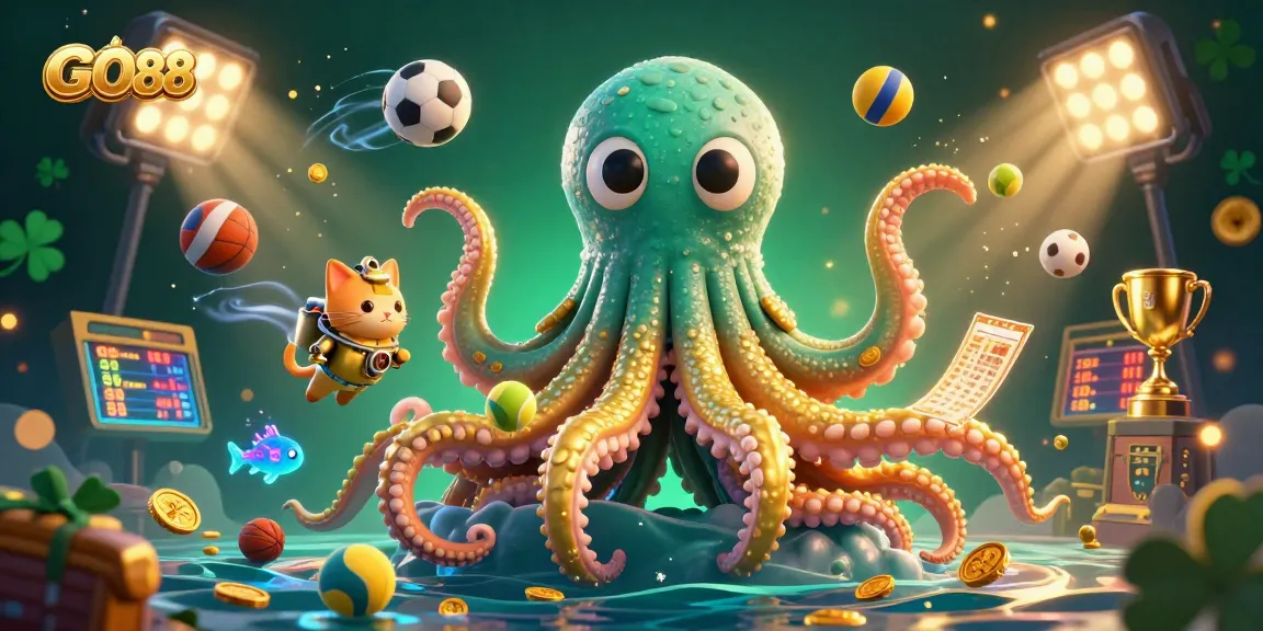 GO88 immersive illustration with a golden-tentacled kraken and a vintage diving cat, capturing casino excitement.