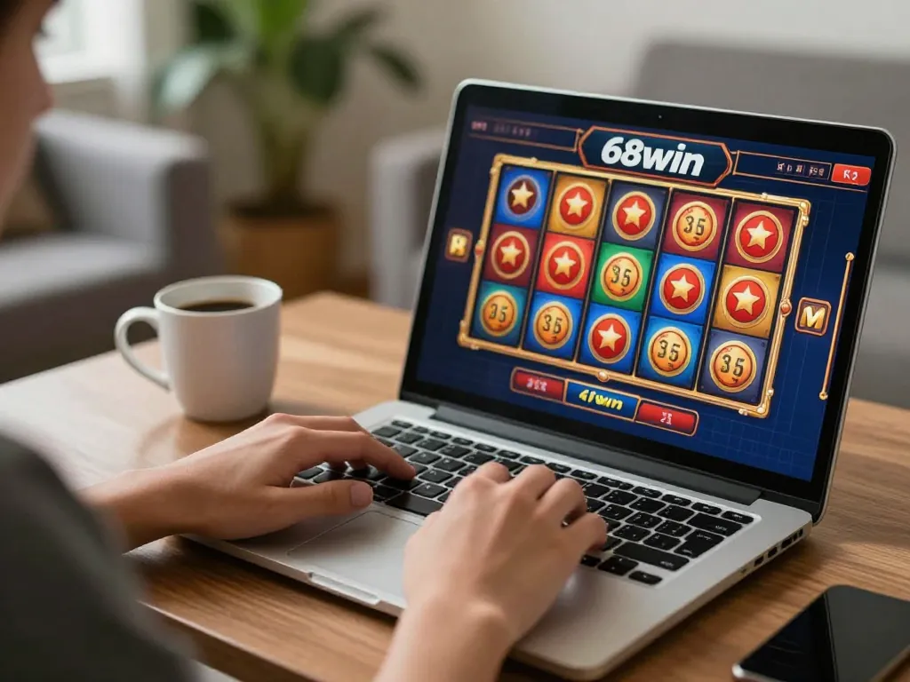 Engaged player enjoying a thrilling gaming session on 68win with vibrant slot reels on display.