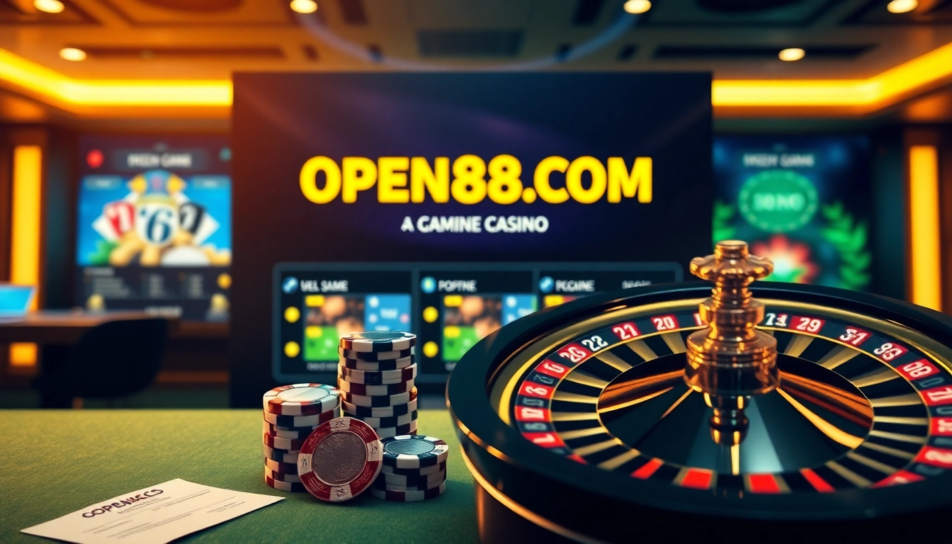 Experience excitement at OPEN88COM with vibrant casino visuals showcasing roulette and poker elements.